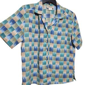 Donnkenny Blouse Size Large Blue Lightweight Shoulder Pads Summer